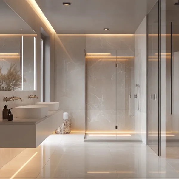 Bagno moderno con pavimento in marmo bianco e doccia in vetro, caratterizzato da eleganza e luminosità.