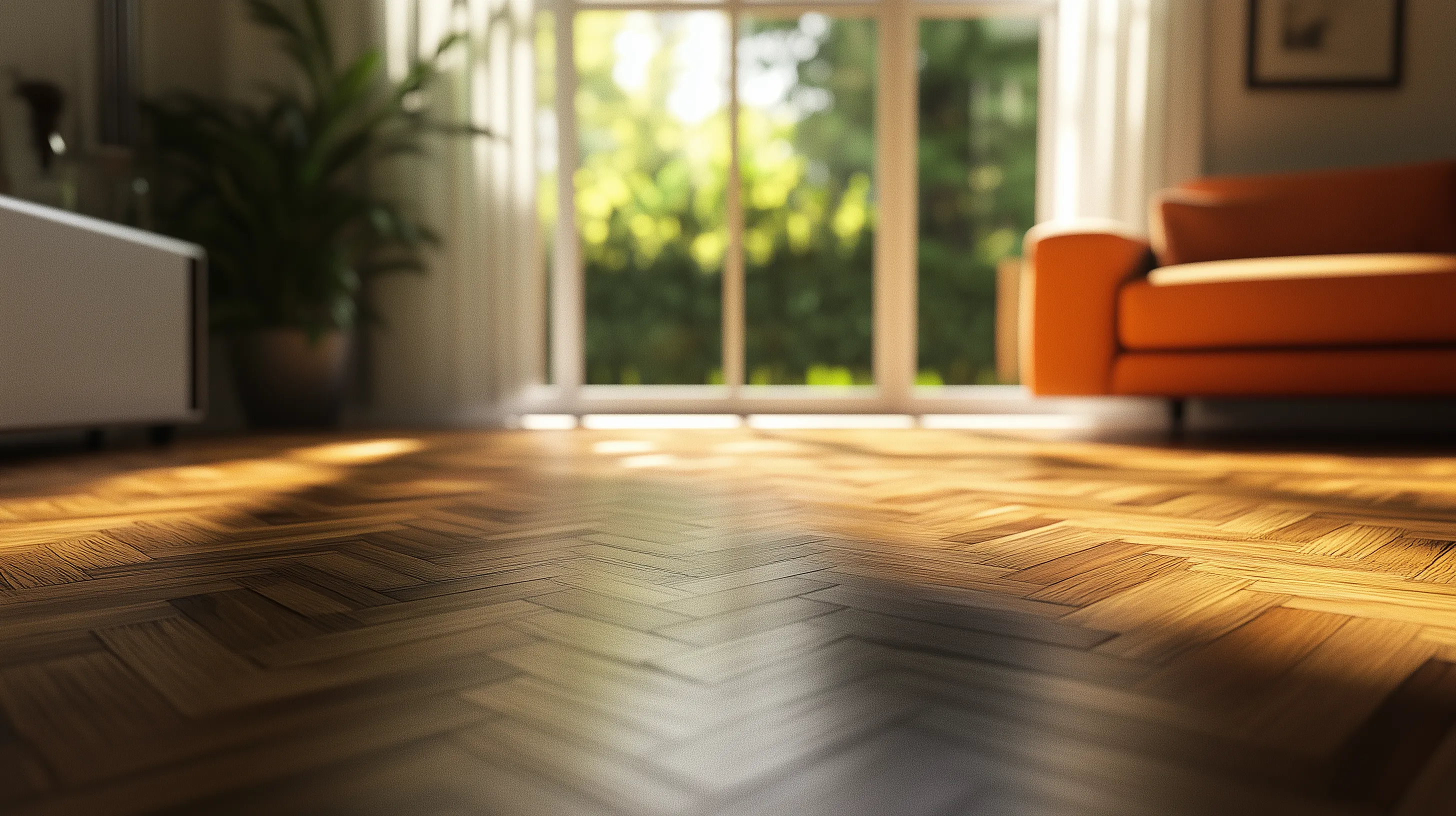 Soggiorno illuminato dal sole con parquet in legno e divano arancione vicino a grandi porte di vetro.