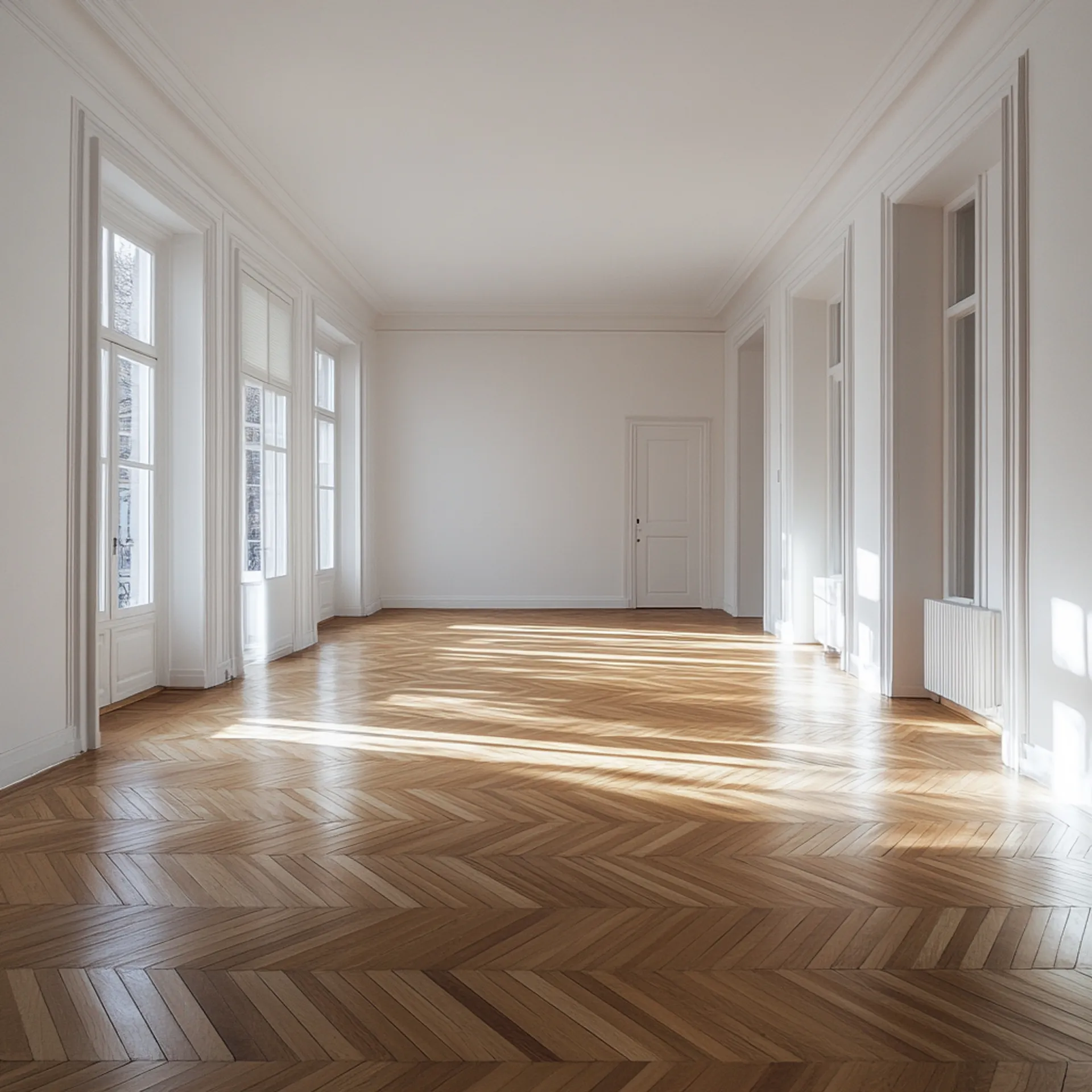 Una sala libera con pareti bianche e pavimenti in legno lucido, che creano un'atmosfera luminosa e ariosa.