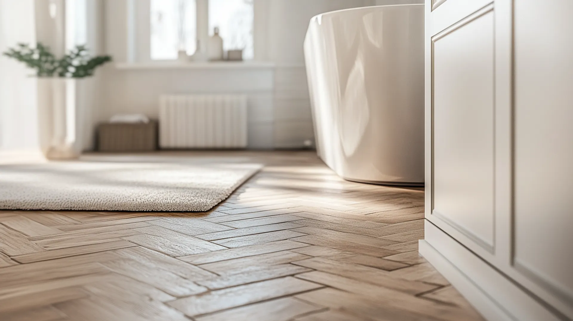 Bagno elegante con vasca bianca e pavimento in legno, atmosfera calda e accogliente.