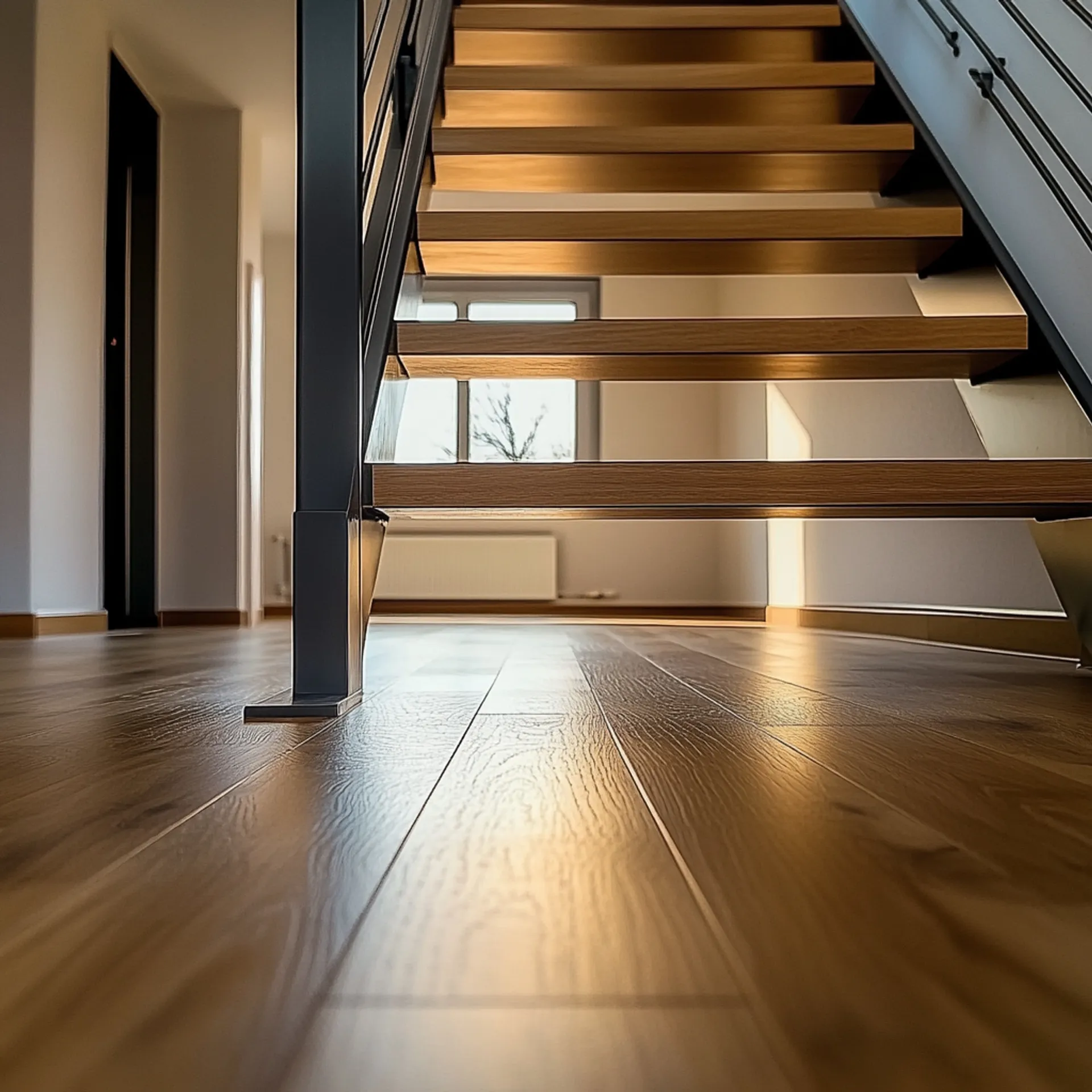 Un interno accogliente caratterizzato da un pavimento in legno lucido e da eleganti scale in legno in un ambiente domestico caldo.