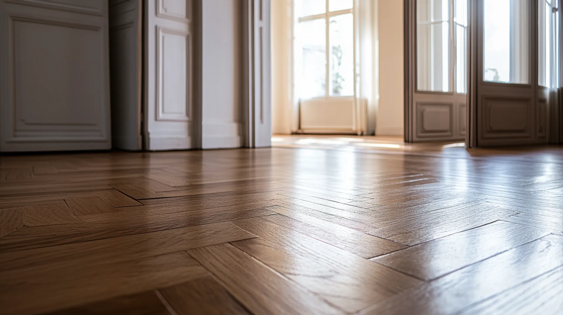 Una stanza con pavimenti in legno e una porta, creando un ambiente accogliente e luminoso.