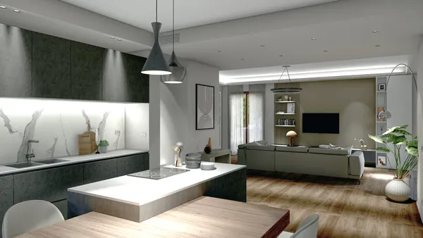 Rendering di una cucina moderna e soggiorno, caratterizzati da design elegante e spazi luminosi e funzionali.